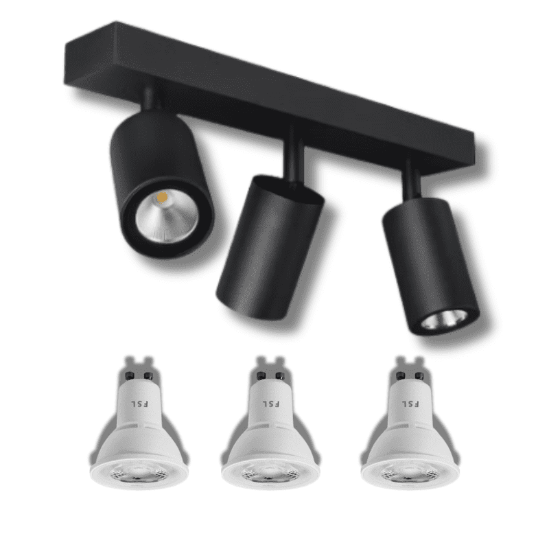 Pack Oferta 3 – Porta GU10 Triple negro Sobrepuesto LED + 3 Ampolletas