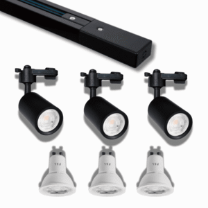 Pack Oferta 2 – Riel Monofásico 2 Metros negro + 3 Focos Porta GU10 negro + 3 Ampolletas