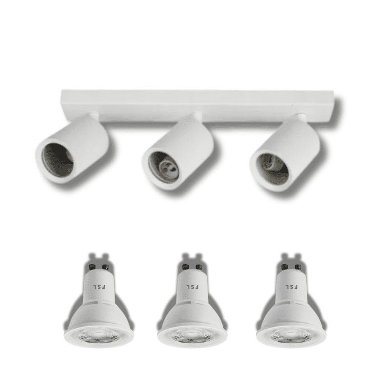 Pack Oferta 4 – Porta GU10 Triple blanco Sobrepuesto LED + 3 Ampolletas